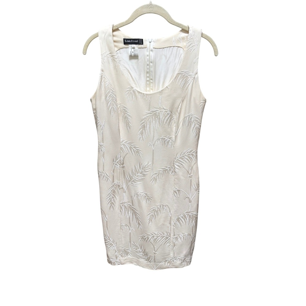 Louis Feraud Dress Size 8 Cream Palm Leaf Jacquard Silk Blend Sheath Sleeveless